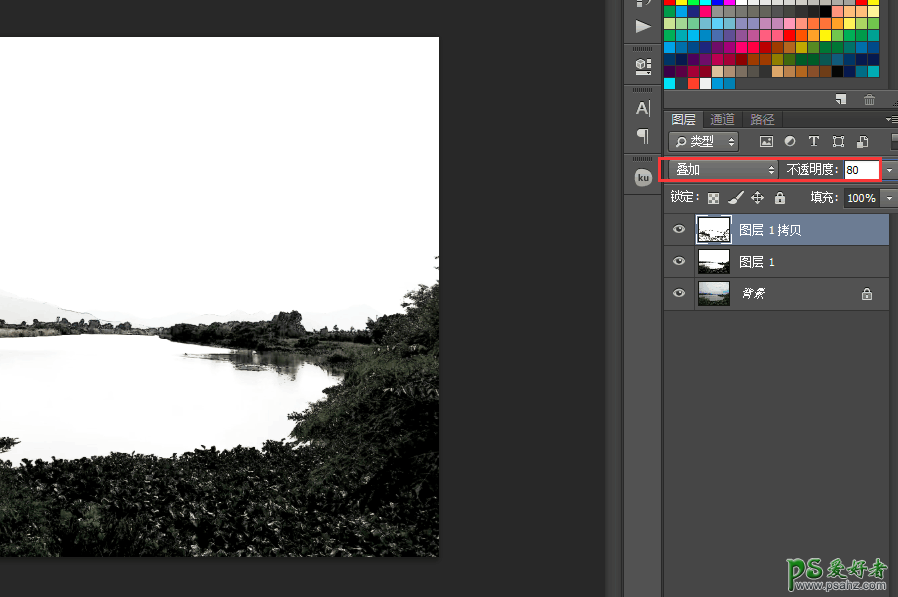 利用photoshop色阶和色相等工具给山水风景照片制造出水墨艺术效