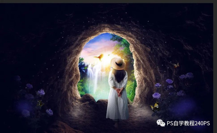 Photoshop创意合成一个小姑娘在岩石洞口欣赏美景的场景。