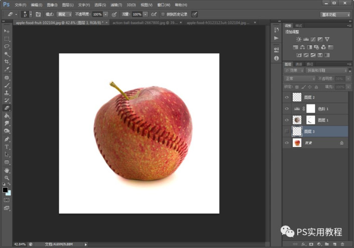 PS把苹果和棒球照片快速合成到一起,形成缝缝补补的苹果效果。