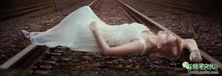 PS合成童话世界里长发公主少女趟在铁轨上拍摄的唯美意境写真图片