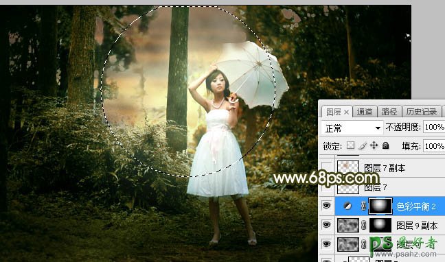 Photoshop给漂亮的森系美眉婚纱照调出黄褐色逆光效果