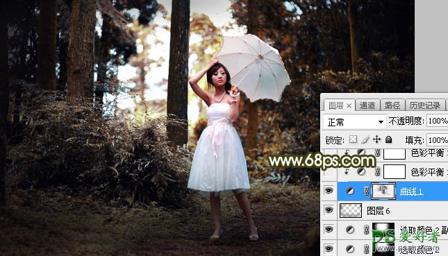 Photoshop给漂亮的森系美眉婚纱照调出黄褐色逆光效果