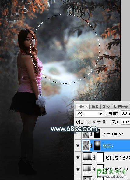Photoshop给美女国模外景写真艺术照调出漂亮的深秋暗青色调
