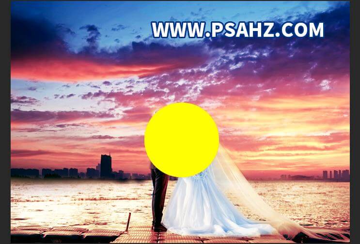 PS婚纱照调色教程：给海边拍摄的情侣婚纱照调出夕阳霞光景色。