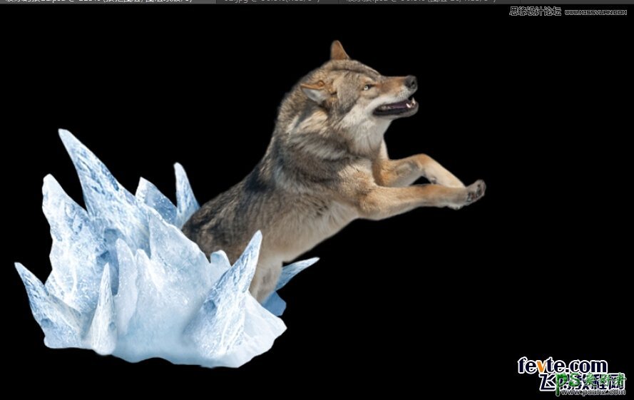 PS照片特效教程：通过后期溶图打造出从冰雪中冲出的狼特效