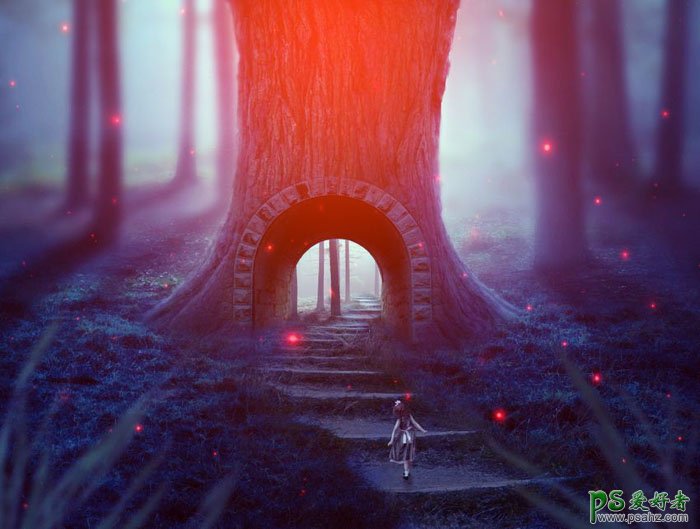 Photoshop创意合成小女孩儿走进奇幻森林树屋的场景,梦幻的森林效