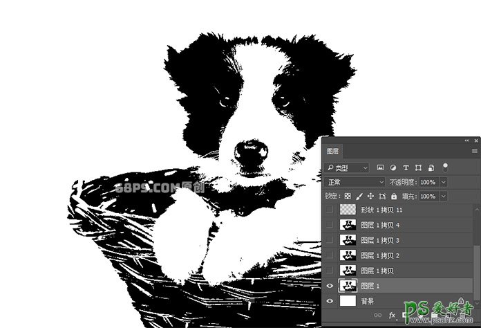 使用photoshop中的直线工具给可爱的小狗图片制作成个性的版画效