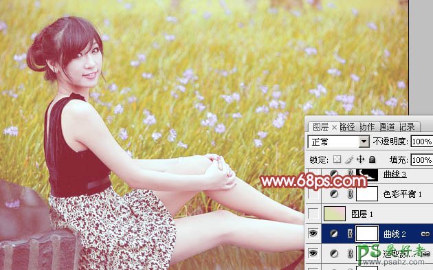 photoshop给草地上自拍的美腿玉足少女调出小清新的粉黄色