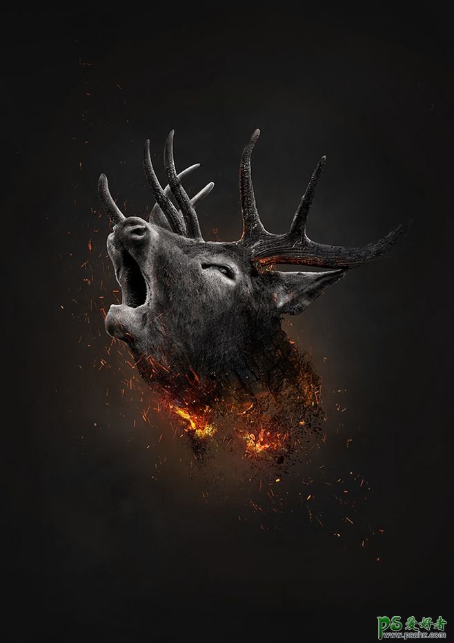 欣赏一组野生动物呐喊效果的合成海报，火焰燃烧效果的动物头像。
