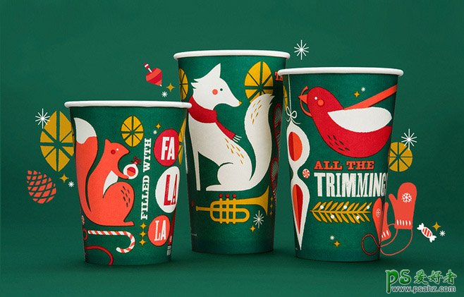 漂亮的圣诞节纸杯包装设计作品，简洁创意的动物插画纸杯外包装设