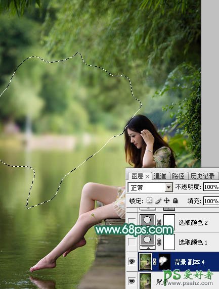 Photoshop给湖景边自拍的甜美女孩儿性感照片调出唯美的青绿色效