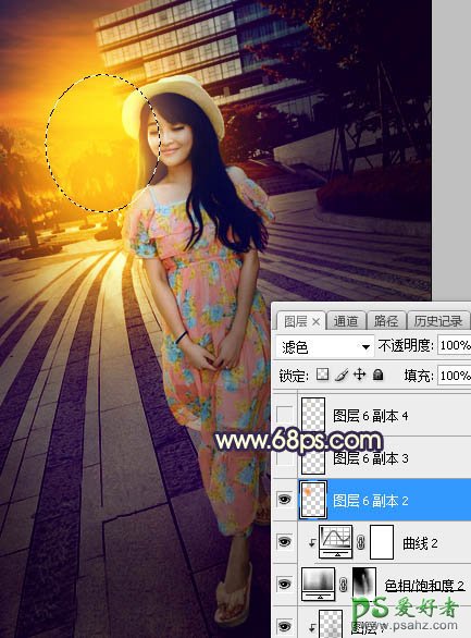Photoshop给街景广场中的美腿女生照片调出暖色调黄昏日光效果