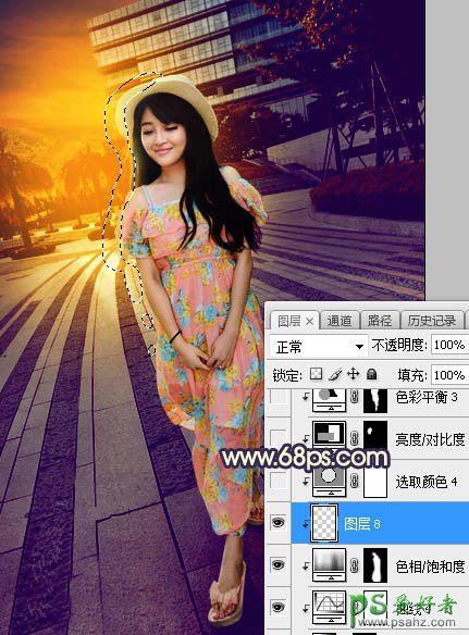 Photoshop给街景广场中的美腿女生照片调出暖色调黄昏日光效果