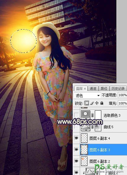 Photoshop给街景广场中的美腿女生照片调出暖色调黄昏日光效果