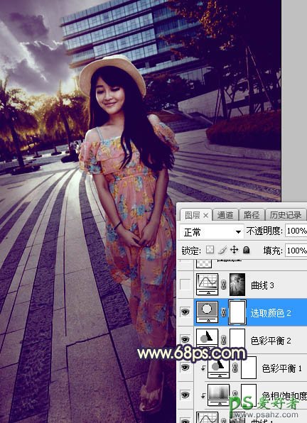 Photoshop给街景广场中的美腿女生照片调出暖色调黄昏日光效果