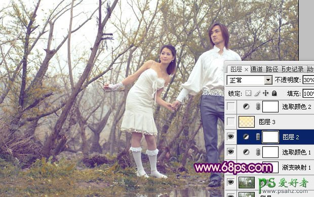 photoshop调出橙黄色效果树林情侣婚纱艺术照教程