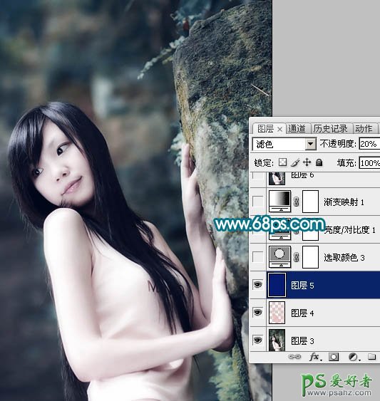 photoshop调出暗灰青色调美体少女写真照