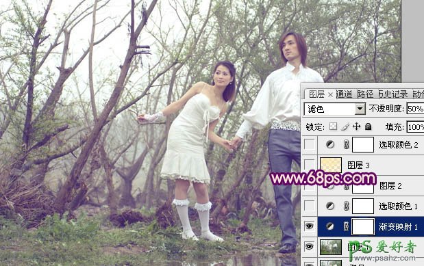 photoshop调出橙黄色效果树林情侣婚纱艺术照教程