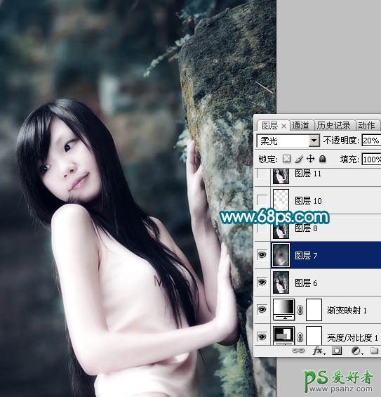 photoshop调出暗灰青色调美体少女写真照