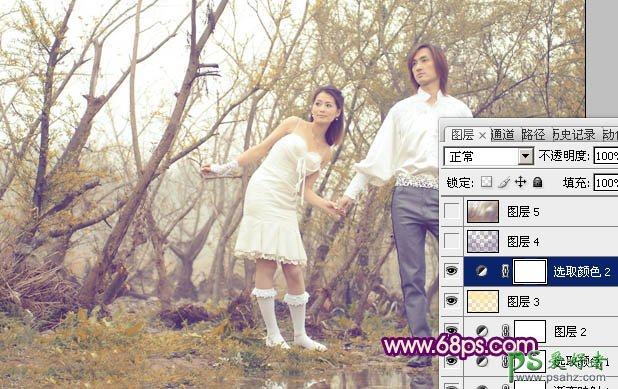 photoshop调出橙黄色效果树林情侣婚纱艺术照教程