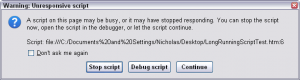 Firefox Dialog: A script on this page may be busy, or it may have stopped responding. You can stop the script now, open the script in the debugger, or let the script continue.