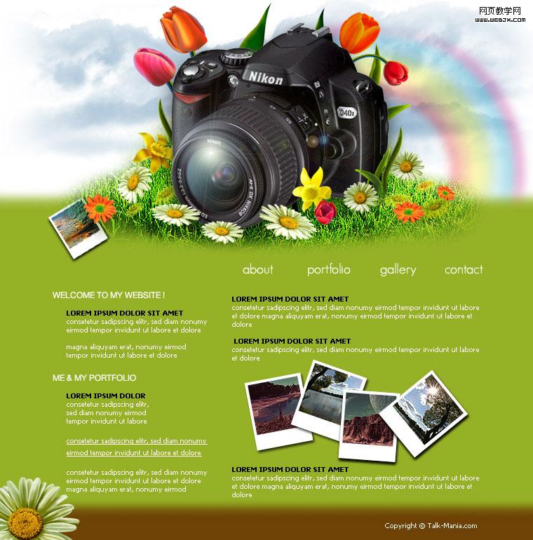 Photoshop 绿色风格的相机网页平面图