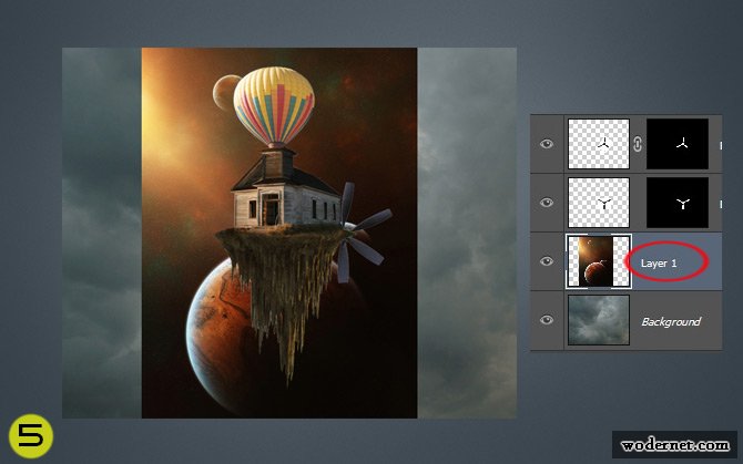 ps合成制作热气球带着房子在空中漂浮的场景