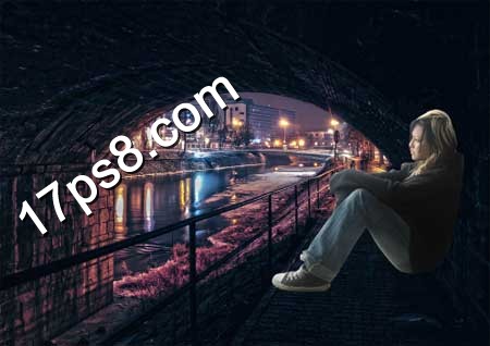 photoshop合成制作坐在桥洞里发呆的美女