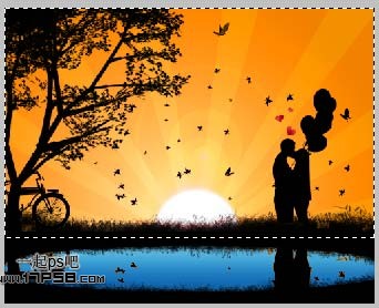 photoshop设计制作出黎明前在湖边相拥亲吻的约会壁纸