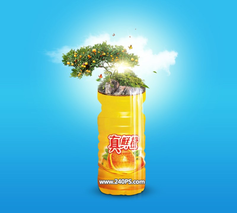 ps怎样制作一张超逼真有山有树的橙汁宣传海报?