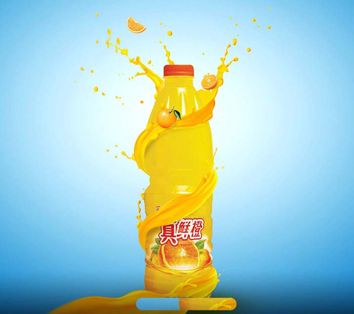 Photoshop怎么制作喷溅效果的果粒橙饮料宣传海报?