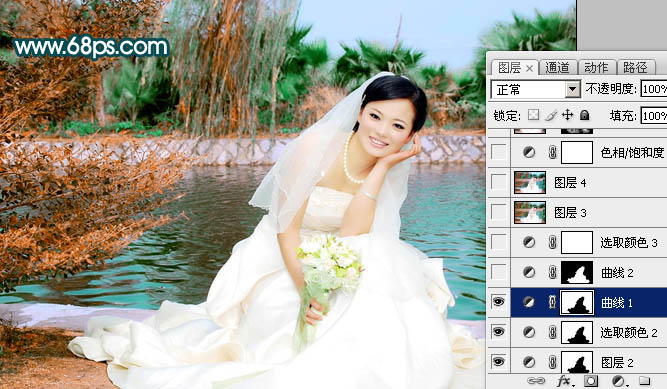 Photoshop打造中性青红色外景婚片