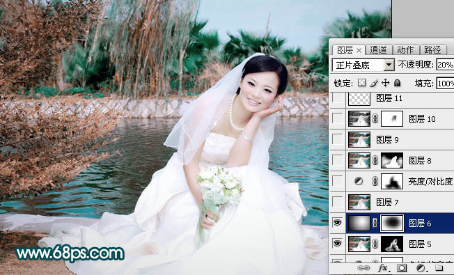 Photoshop打造中性青红色外景婚片