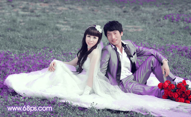 Photoshop将青绿的外景婚片调成柔美的淡紫色