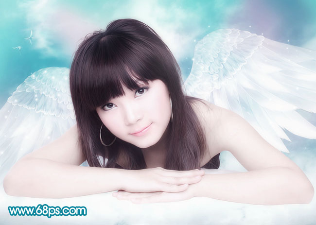 Photoshop制作一个梦幻的粉青色天使