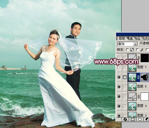 Photoshop 调出海景婚片的青绿色