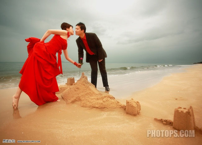 Photoshop 漂亮的蓝红海景婚片