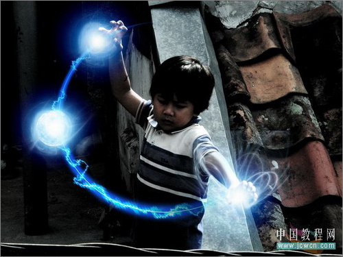 Photoshop照片小孩玩超能力电光能量球教程