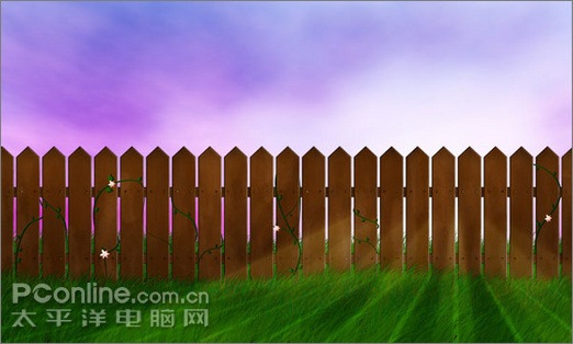 photoshop绘制缠绕着报春花和藤蔓的旧篱笆