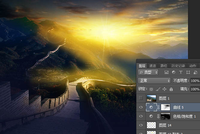 photoshop给长城照片添加漂亮的夕阳美景效果教程