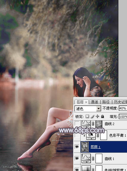 Photoshop将水景美女图片打造唯美的中性蓝红色