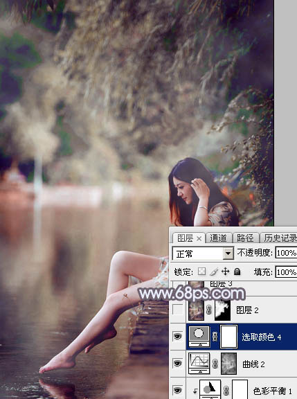 Photoshop将水景美女图片打造唯美的中性蓝红色