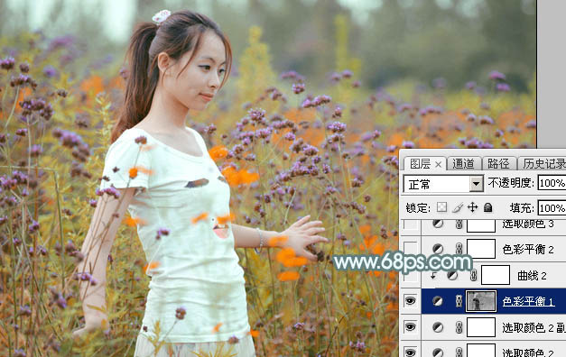 Photoshop将花海中的美女调制出甜美的秋季淡黄色