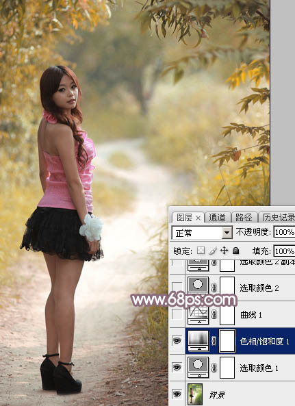 Photoshop将树林中的美女调制出唯美的秋季蓝红色特效