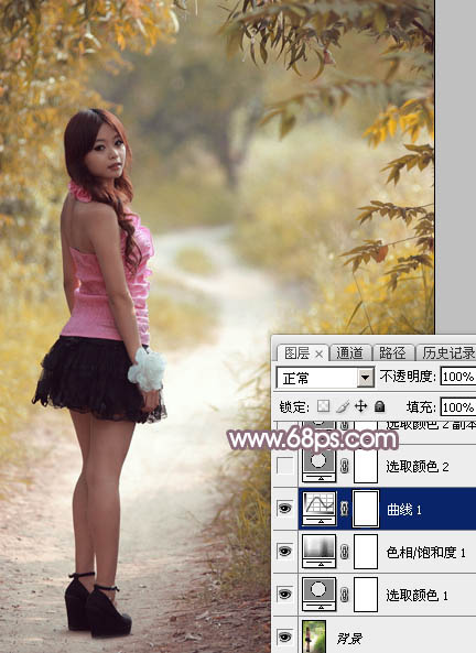 Photoshop将树林中的美女调制出唯美的秋季蓝红色特效