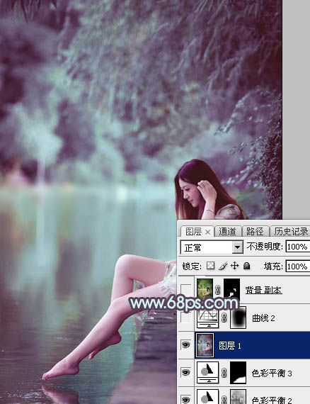 Photoshop为湖景美女图片调制出唯美的青紫色