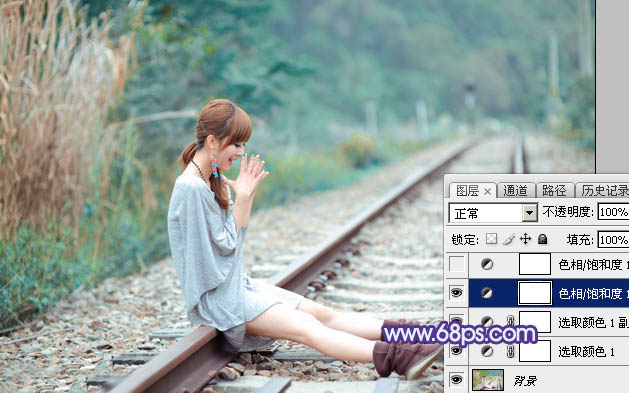 Photoshop将铁轨美女图片打造唯美的小清新青蓝色特效