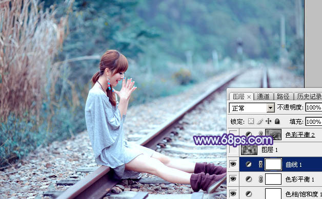 Photoshop将铁轨美女图片打造唯美的小清新青蓝色特效