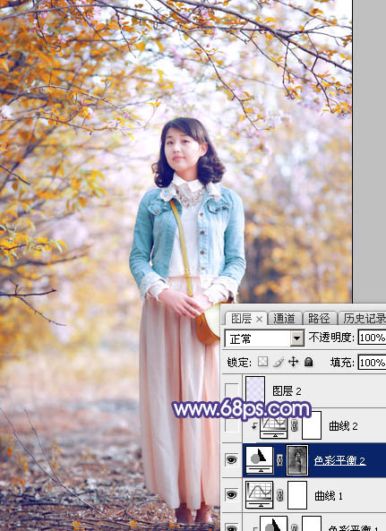 Photoshop将春季花木边的人物调制出清爽鲜艳的秋季色