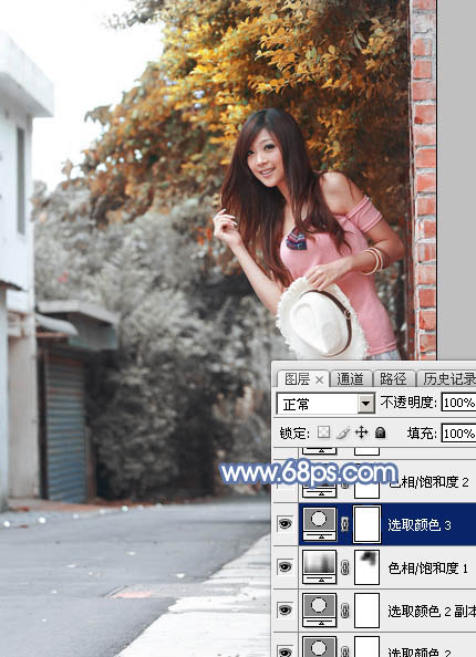 Photoshop为乡路边的美女加上柔美的中性暖色效果